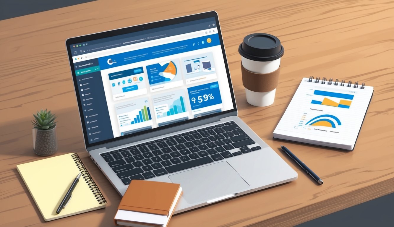 A laptop, coffee cup, and notepad on a desk with a website open displaying various affiliate marketing programs and statistics