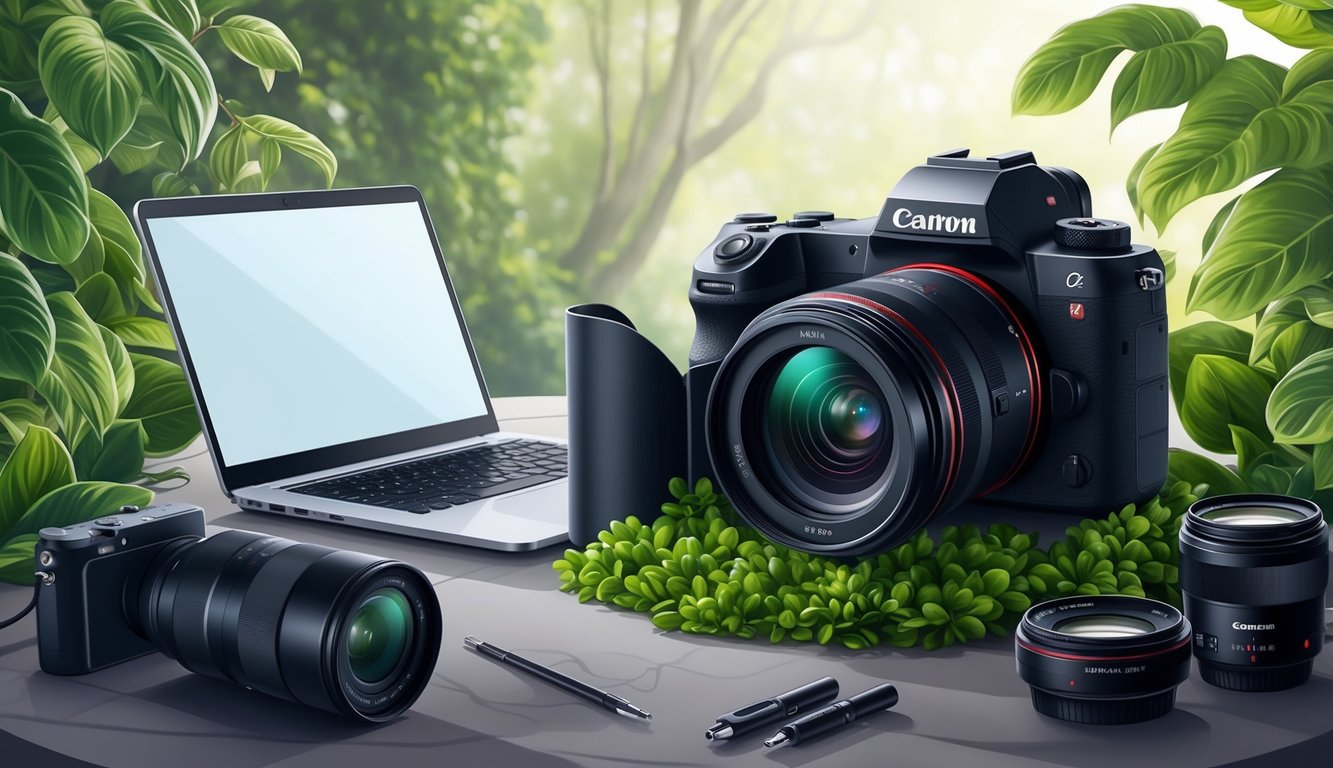 A camera surrounded by lush greenery and soft natural lighting, with a modern laptop and sleek photography equipment nearby