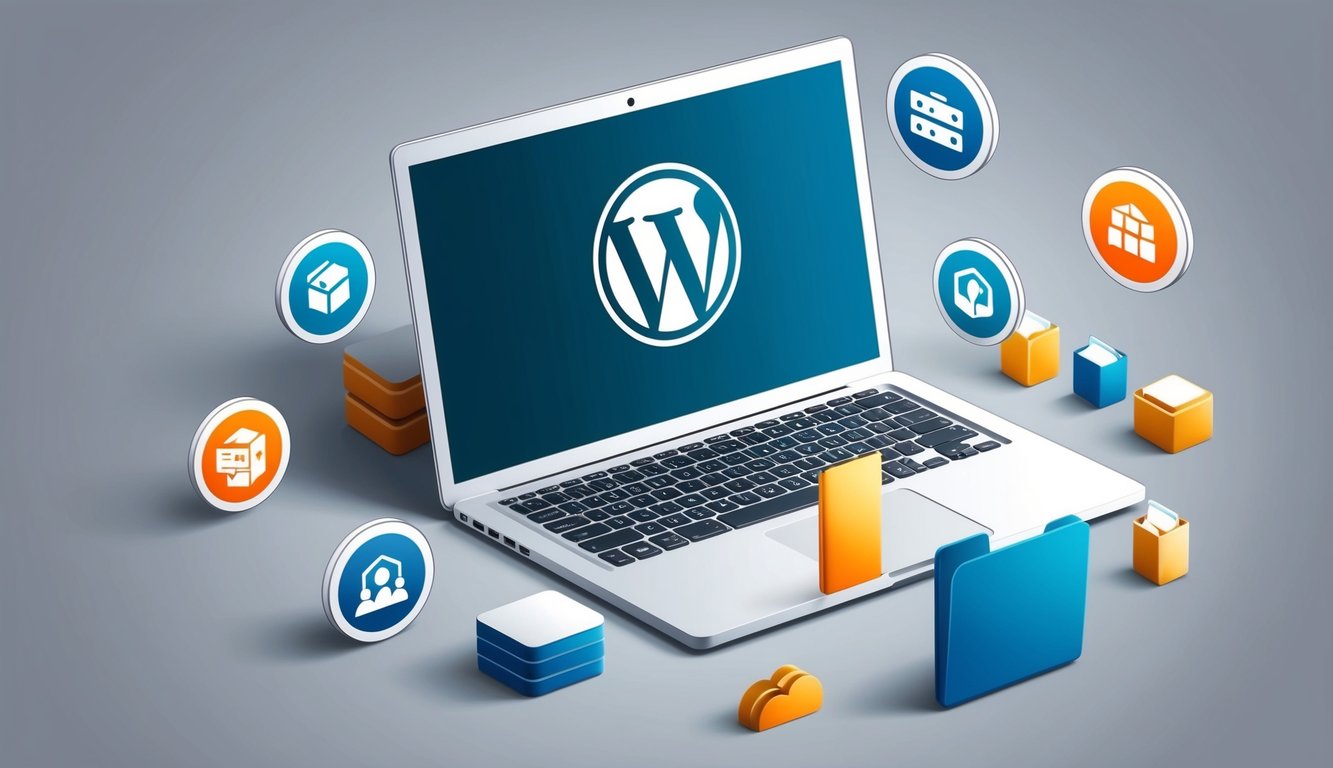 A laptop with a WordPress logo on the screen, surrounded by various icons representing different hosting options