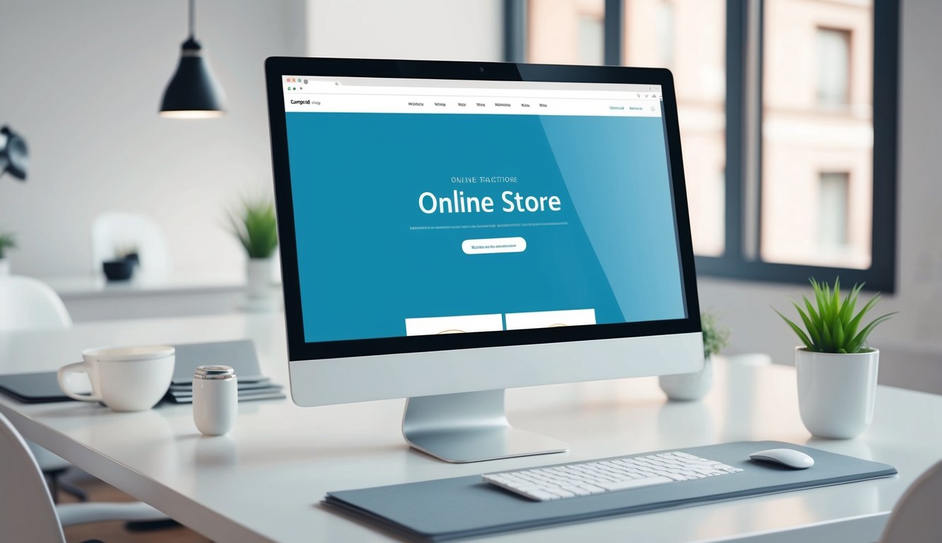 A computer screen with an open web browser displaying a sleek and user-friendly online store interface, surrounded by a clean and modern workspace