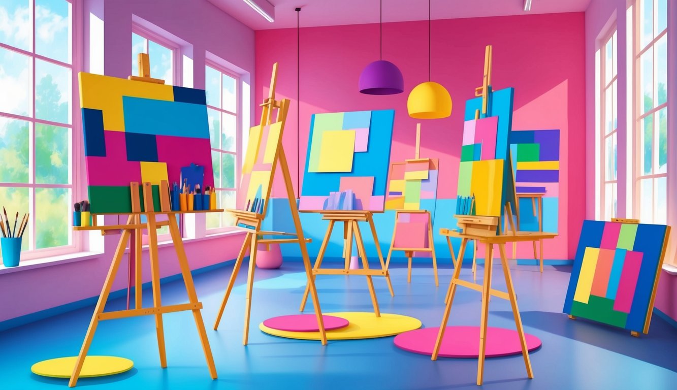 A vibrant, modern art studio with easels, paintbrushes, and canvases set up, bathed in natural light from large windows