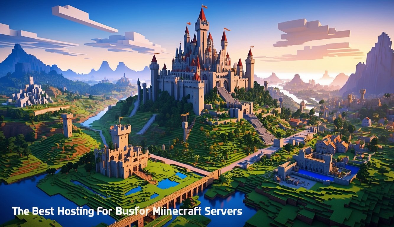 A bustling virtual world with towering castles, lush landscapes, and bustling towns, all powered by the best hosting for Minecraft servers