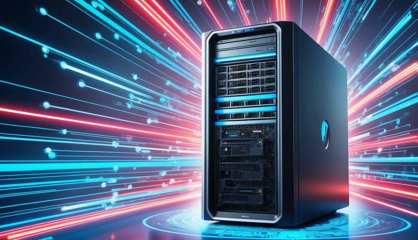 A sleek, modern computer server surrounded by vibrant, digital data streams