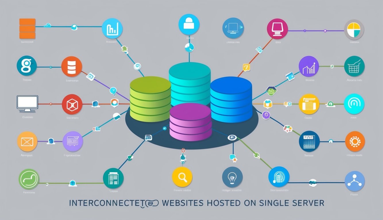 A colorful array of interconnected websites hosted on a single server, each represented by a unique icon or symbol