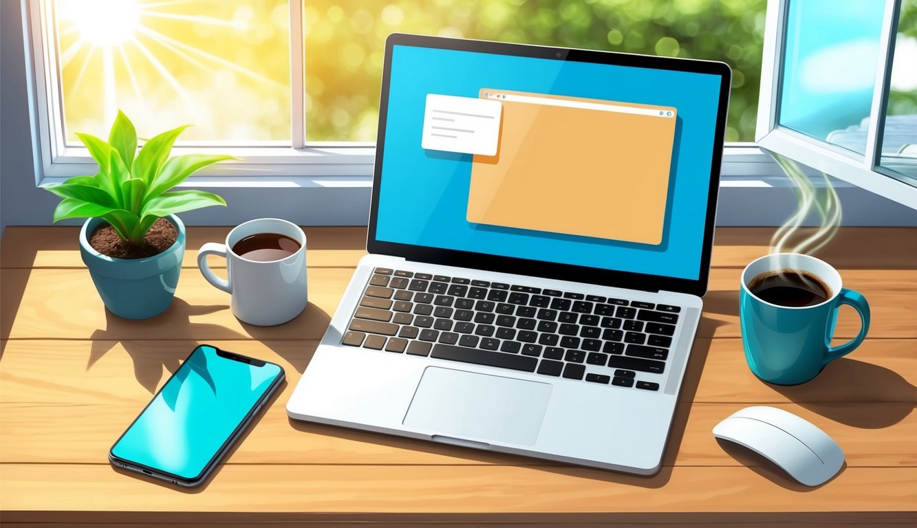 A laptop on a wooden desk with a mug of coffee, potted plant, and open window with sunlight streaming in