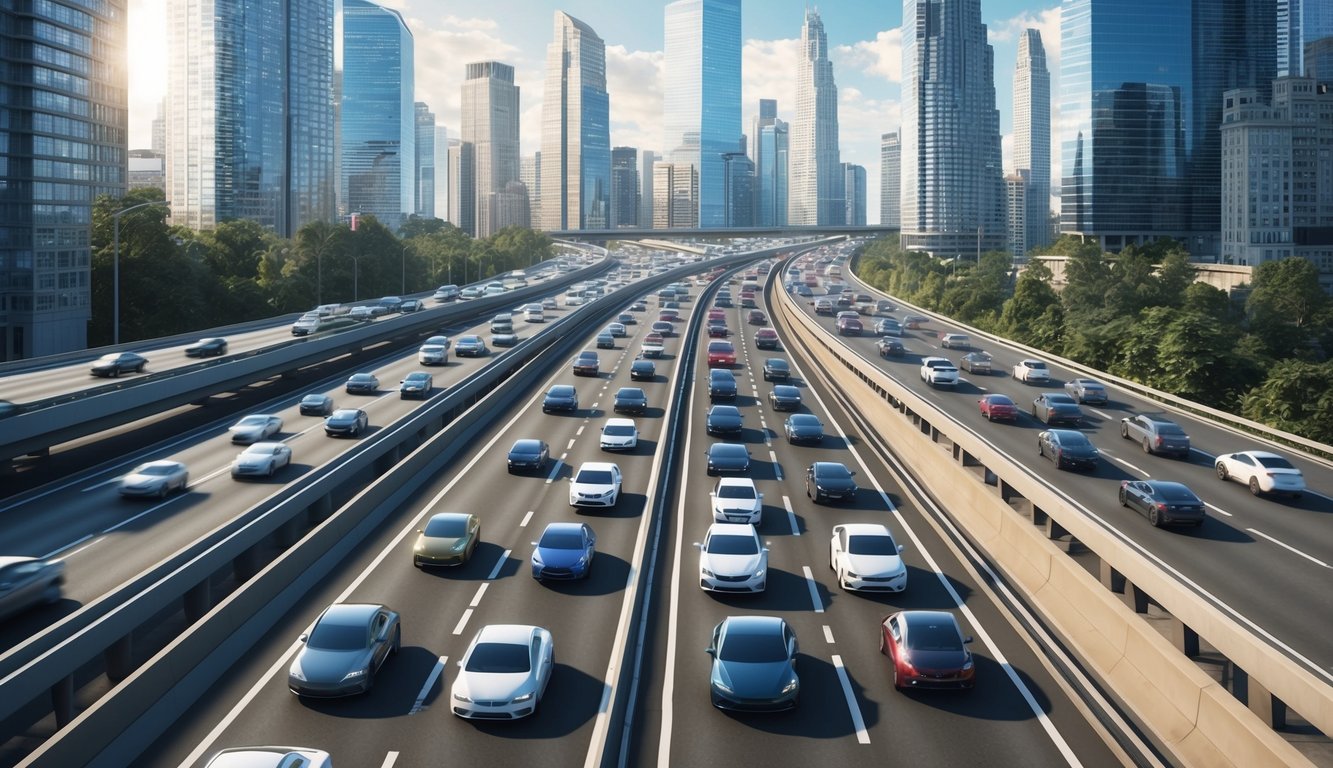 A bustling highway with multiple lanes of cars moving at high speeds, surrounded by towering skyscrapers and bustling with activity