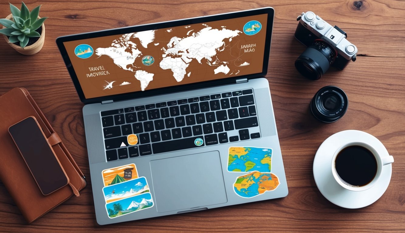 A laptop with travel stickers, a world map, and a camera on a wooden desk with a cup of coffee