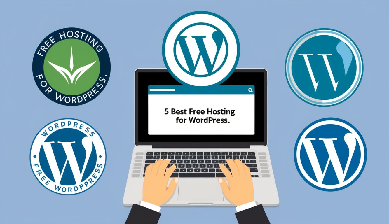 A laptop surrounded by five different logos of free hosting providers for WordPress, with a search bar displaying the prompt "5 best FREE hosting for WordPress."